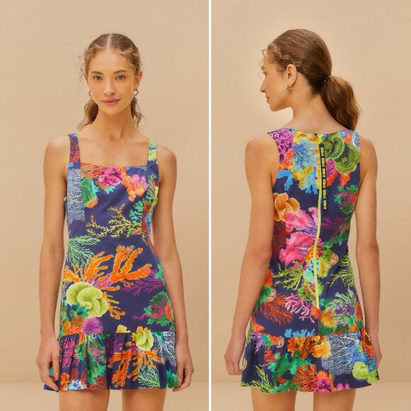 Farm Rio Coral Vibrant Garden Sleeveless Mini Dress Ruffle Hem Size Large - Picture 1 of 16